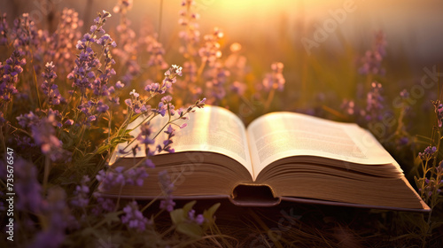 Open book rests amidst delicate purple blooms  inviting literary reverie  Ai Generated.
