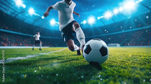 Soccer player poised to shoot, capturing the anticipation and energy within the stadium. Ai Generated.