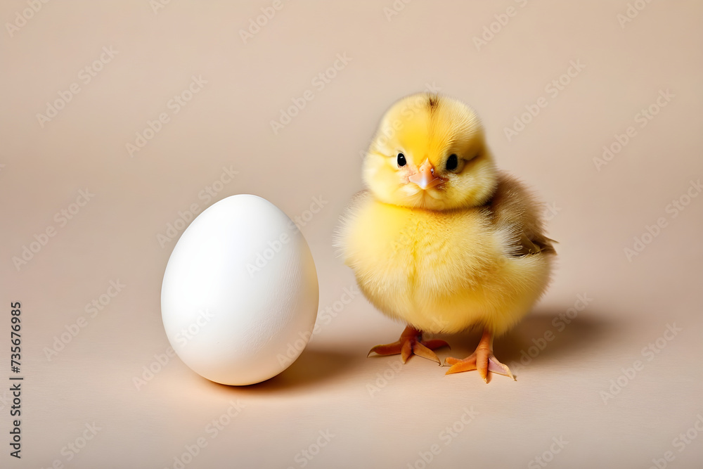 Easter, a cute chick and an egg, simple background. Generative AI
