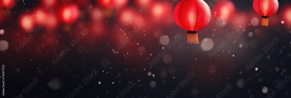 A Chinese red lanterns on a happy Chinese New Year night adorning the Chinese community, clear details of Chinese lanterns, bokeh blur background, out of focus city lights. - obrazy, fototapety, plakaty 