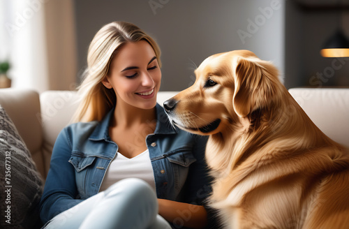 A young woman with blond hair in a denim jacket and a golden retriever dog are sitting on the sofa in the living room and looking at each other. Relationship between owner and pet.