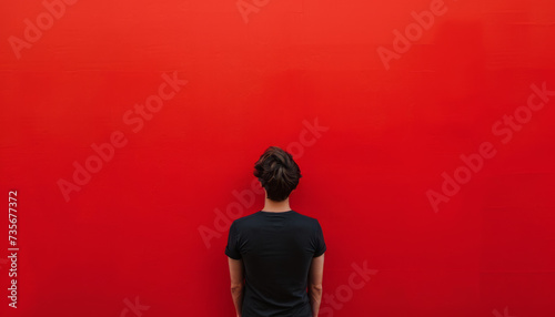Man in Black Shirt Standing Against Vibrant Red Wall, Copy Space © Castle Studio