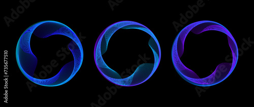 Neon dotted circle set. Blue purple glowing round tech frame collection. Curved wave dot line circles on black background. Bright colorful gradient circular border pack. Vector design element bundle