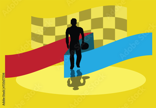 Race driver with flags. Editable Clip Art.