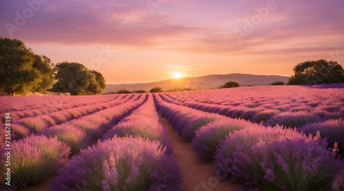 A landscape of a beautiful lavender garden at sunset © AungThurein