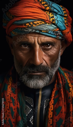 An old man wearing a turban and a colorful scarf. Generative AI.
