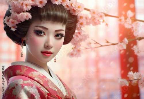 Beautiful japanese woman in traditional kimono. Generative AI.