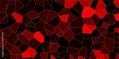 Abstract fiery red and black Broken Stained Glass Background with red lines . Walkway of natural broken slate stone.Hexagon shapes with unique decorative stone architecture Pattern