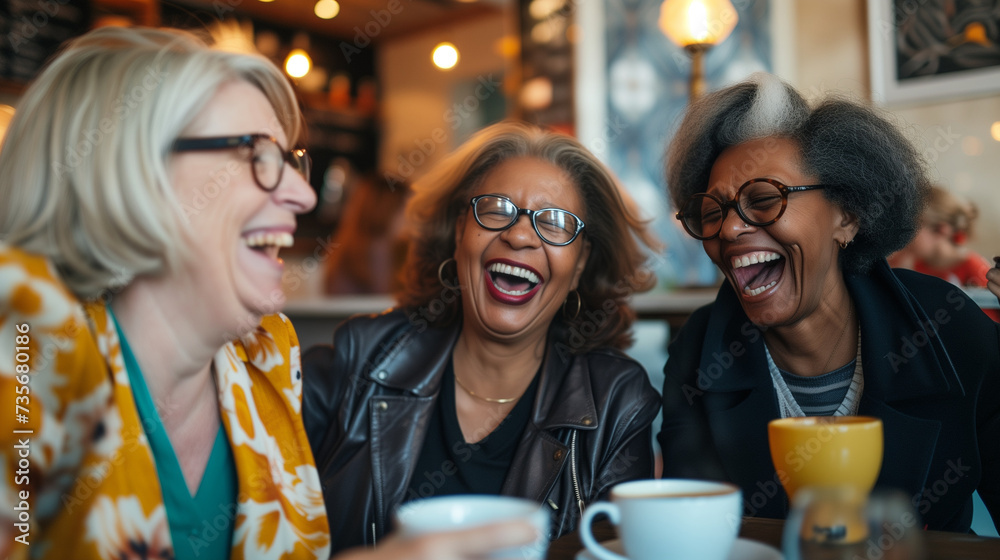 Group of Joyful Senior Women Sharing Laughter and Stories Over Coffee at a Café - Friendship and Happiness in Retirement Lifestyle Photography
