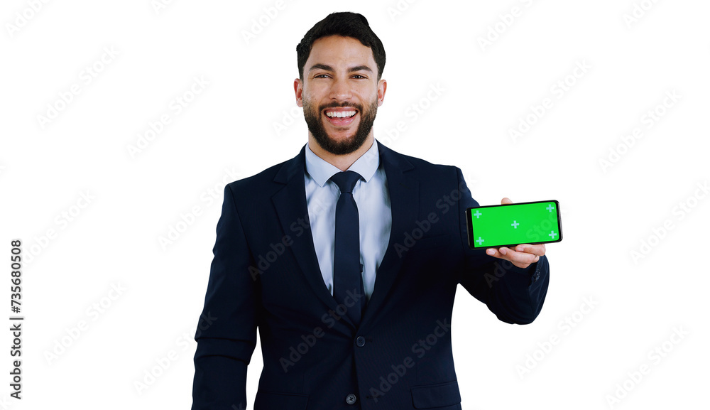 Businessman, phone and portrait with green screen in hand with social media on transparent or png background. Smartphone, registration and job recruitment on website, application or isolated feedback Businessman, phone and portrait with green screen in hand with social media on transparent or png background. Smartphone, registration and job recruitment on website, application or isolated feedback