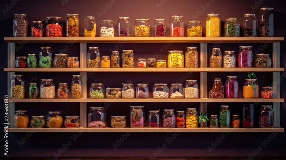 Remote controlled motorized pantry shelves for efficient storage, solid color background
