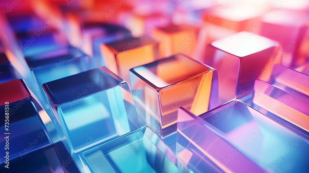 Abstract background with closeup shot of glossy crystal block with multicolored gradient reflection on blurred mirror surface Abstract background with closeup shot of glossy crystal block with multicolored gradient reflection on blurred mirror surface
