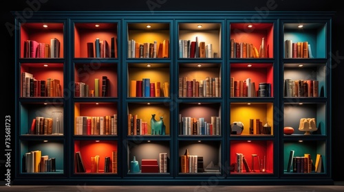 Remote controlled motorized bookshelves for hidden storage, solid color background