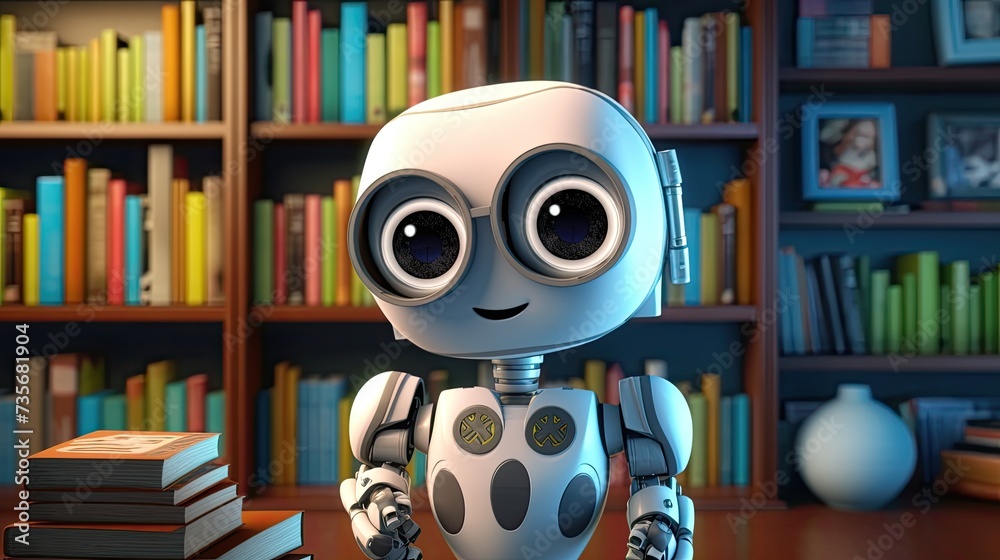 Voice activated robotic home librarians for book recommendations, solid color background Voice activated robotic home librarians for book recommendations, solid color background