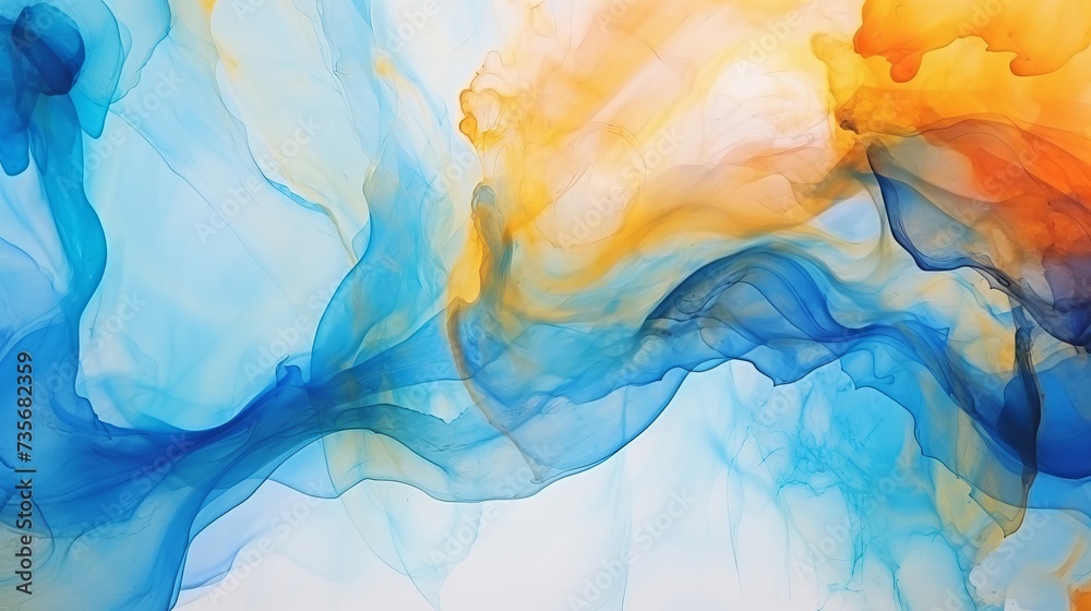 Alcohol ink air texture. Azure, blue, yellow, orange abstract background with golden glitters. Abstract translucent flow. Modern fluid art design Alcohol ink air texture. Azure, blue, yellow, orange abstract background with golden glitters. Abstract translucent flow. Modern fluid art design