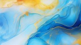 Alcohol ink air texture. Azure, blue, yellow, orange abstract background with golden glitters. Abstract translucent flow. Modern fluid art design