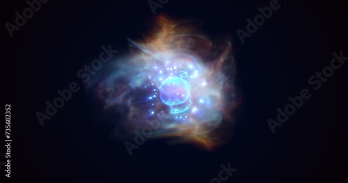 Energy blue glowing cosmic magic sphere, futuristic round high-tech ball bright atom made of electricity, background