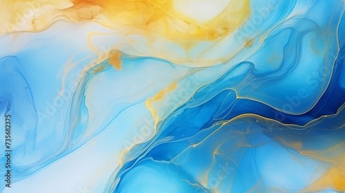 Alcohol ink air texture. Azure  blue  yellow  orange abstract background with golden glitters. Abstract translucent flow. Modern fluid art design