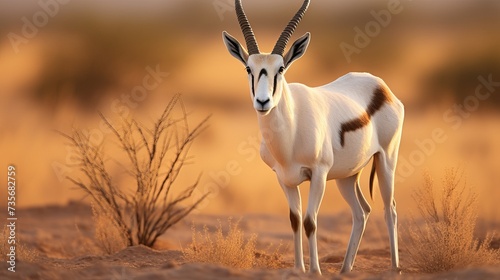 Arabian oryx or white oryx, Oryx leucoryx, antelope with a distinct shoulder bump, Evening light in nature. Animal in the nature habitat, Shaumari reserve, Jordan. Travel Jordan, Arabia nature.