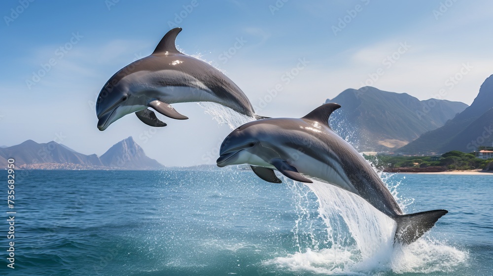 Fototapeta premium Beautiful bottlenose dolphins jumping out of sea with clear blue water on sunny day