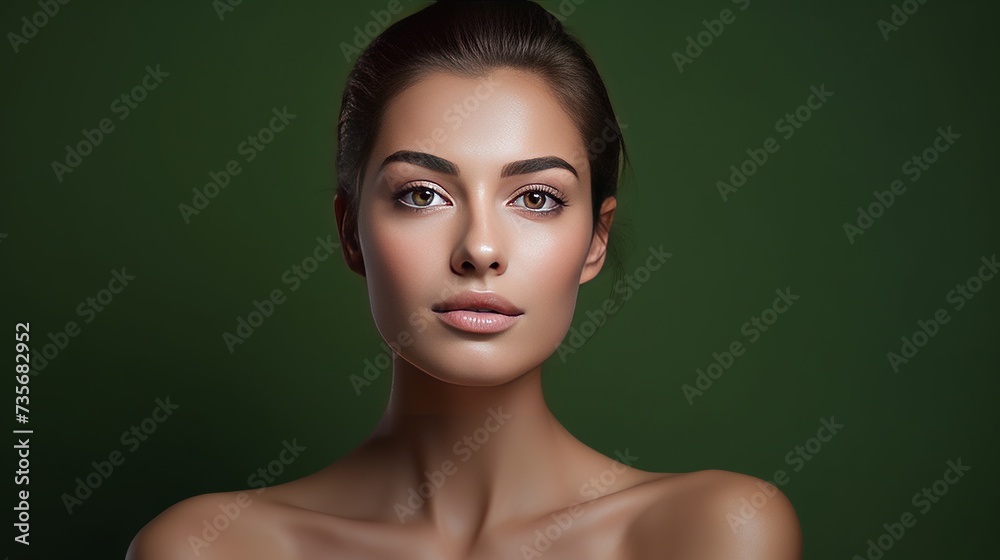 Beautiful female model, 40s years old, has perfect shiny, glowing body, facial skin, nourished and hydrated face after spa, cosmetic procedure, green background Beautiful female model, 40s years old, has perfect shiny, glowing body, facial skin, nourished and hydrated face after spa, cosmetic procedure, green background