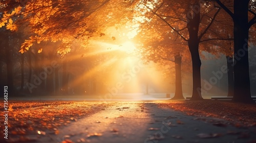 Autumn forest path. Orange color tree, red brown maple leaves in fall city park. Nature scene in sunset fog Wood in scenic scenery Bright light sun Sunrise of a sunny day, morning sunlight view