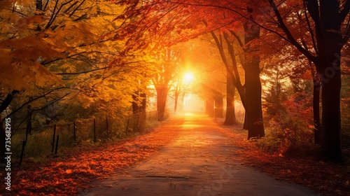 Autumn forest path. Orange color tree, red brown maple leaves in fall city park. Nature scene in sunset fog Wood in scenic scenery Bright light sun Sunrise of a sunny day, morning sunlight view