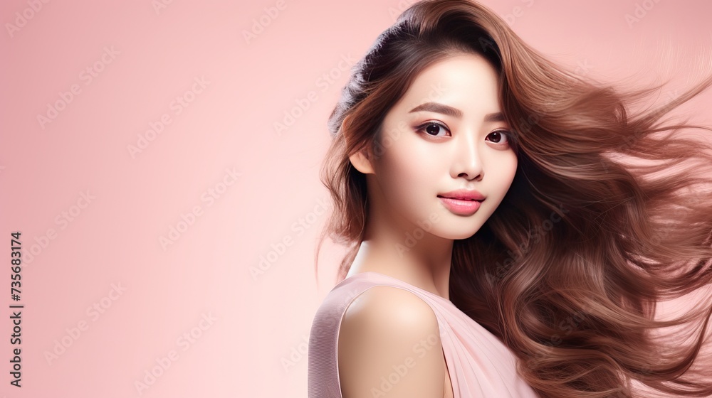 Naklejka premium Beautiful young Asian woman with healthy and perfect skin on isolated pink background. Facial and skin care concept