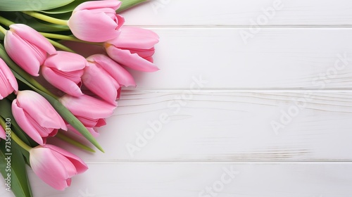 Beautiful pink tulips on white rustic wooden background flat lay. flowers in soft morning sunlight with space for text. greeting card concept