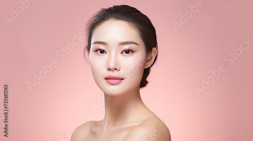 Beautiful young Asian woman with healthy and perfect skin on isolated pink background. Facial and skin care concept