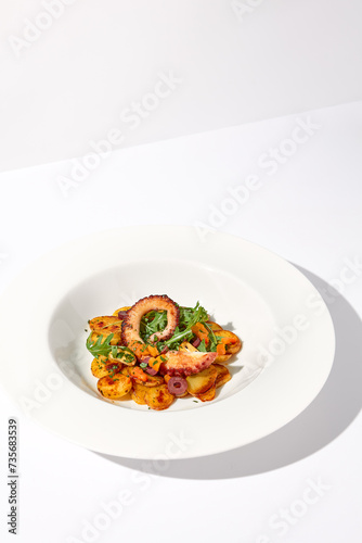 Grilled Octopus Tentacles with Potato Gratin Isolated on White Background