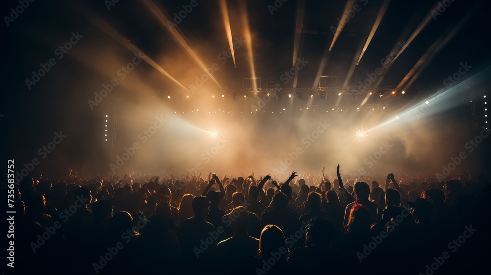 Club party. Silhouettes of concert crowd in front of bright stage lights and confetti.