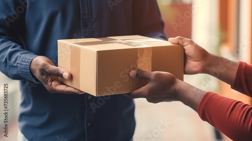 Close-up hands of delivery man receive paying cash payment package courier parcel from customer while giving package.