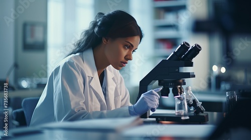 Closeup of black woman scientist, microscope with analysis and science study for medical research and biotechnology in lab. Female person, doctor and check test sample and scientific experiment photo