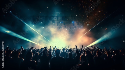 Club party. Silhouettes of concert crowd in front of bright stage lights and confetti.