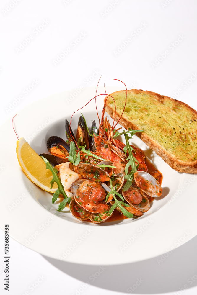 Seafood Sauté with Tomato Sauce and Ciabatta Crouton, a Delectable Medley for Seafood Lovers Seafood Sauté with Tomato Sauce and Ciabatta Crouton, a Delectable Medley for Seafood Lovers