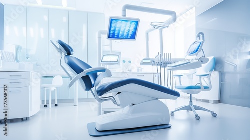 Dental equipment in dentist office in new modern stomatological clinic room. Background of dental chair and accessories used by dentists in blue, medic light. Copy space, text place photo