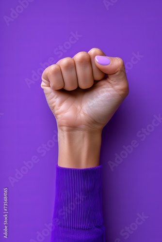 womans hand with raised fist purple background