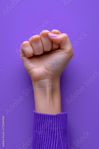 womans hand with raised fist purple background