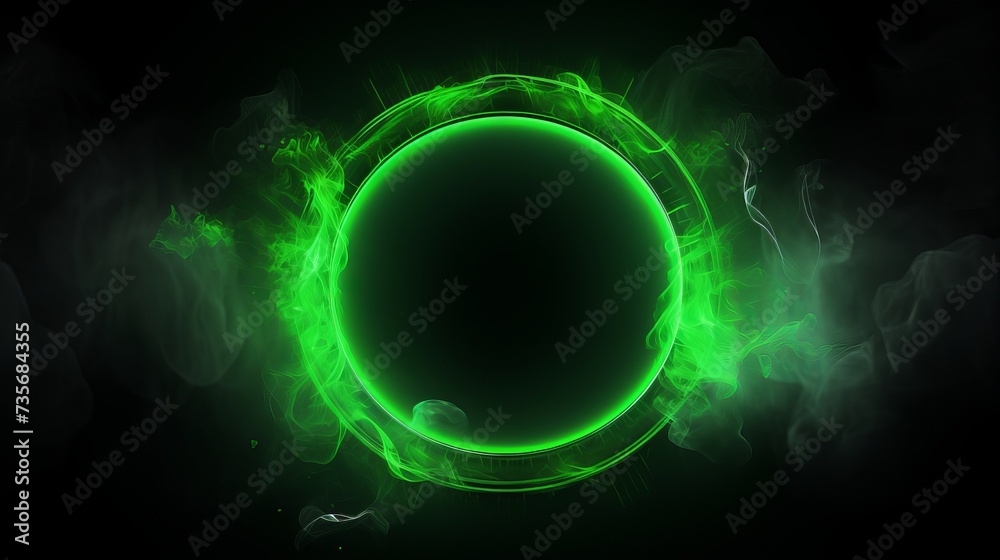 Futuristic smoke. Neon green color geometric circle on a dark background. Round mystical portal. Mockup for your logo Futuristic smoke. Neon green color geometric circle on a dark background. Round mystical portal. Mockup for your logo