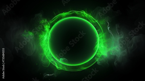 Futuristic smoke. Neon green color geometric circle on a dark background. Round mystical portal. Mockup for your logo