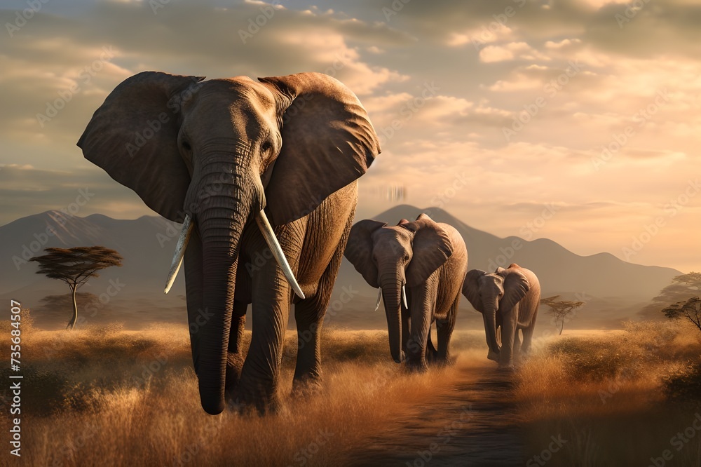 A family of elephants marching in a line through the African savannah.