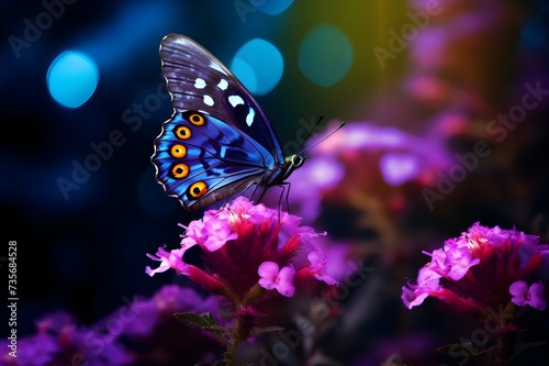 A close-up of a butterfly on a vibrant purple flower, sipping nectar with its proboscis. 