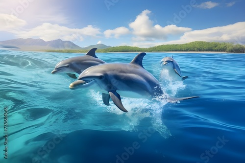 A playful group of dolphins riding the wake of a boat in crystal-clear waters. 