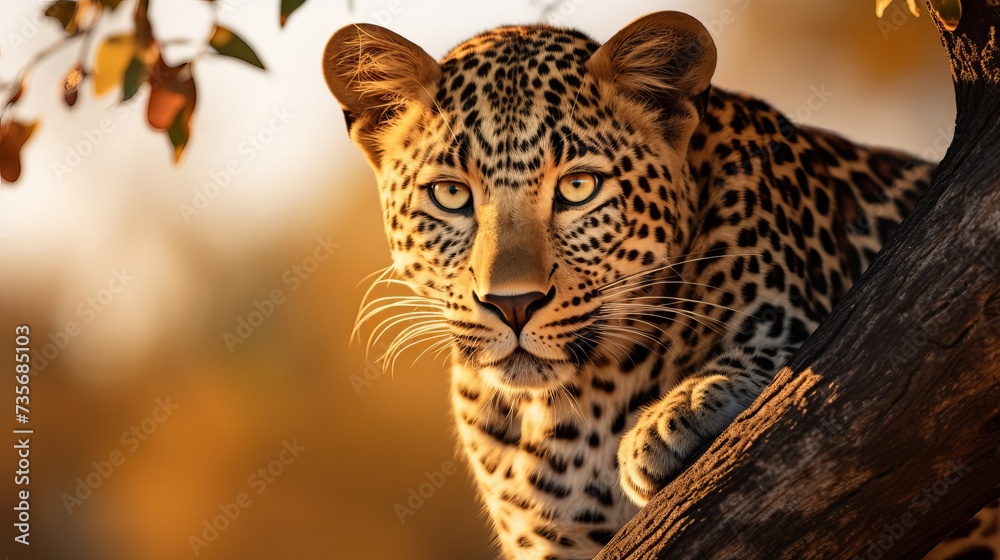 Fototapeta premium Leopard behind the tree, Panthera pardus shortidgei, nature habitat, big wild cat in the nature habitat, sunny day on the savannah, Khwai River, Moremi Botswana. Wildlife nature. Africa wildlife