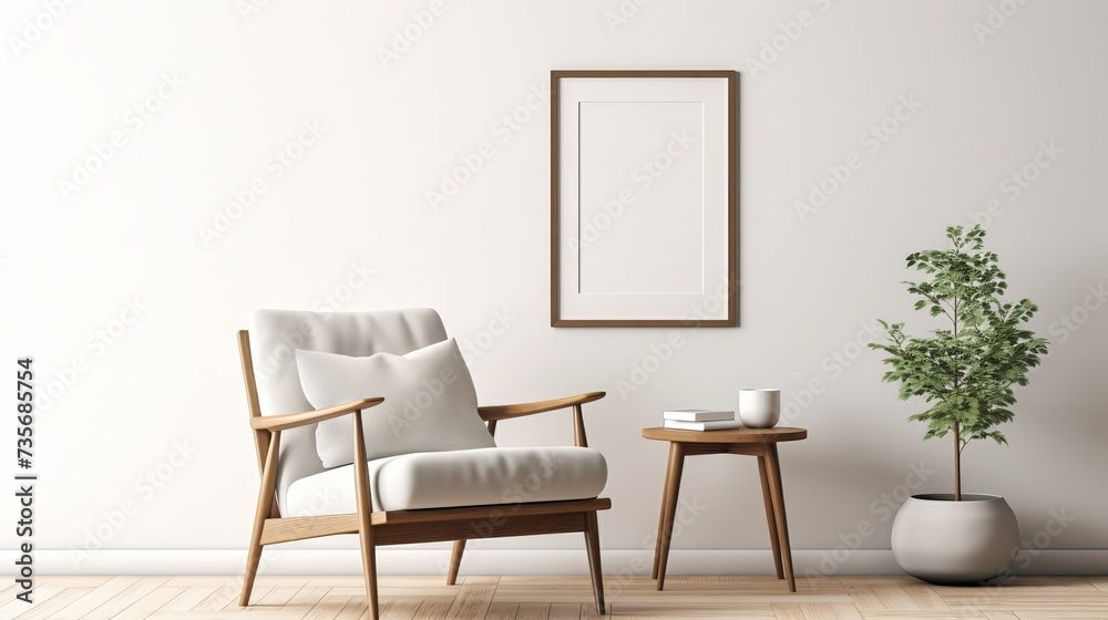 Modern composition in stylish living room interior with design armchair, mock up poster frames, carpet, decoration, dried flowers, rattan basket and elegant accessories in home decor. Modern composition in stylish living room interior with design armchair, mock up poster frames, carpet, decoration, dried flowers, rattan basket and elegant accessories in home decor.