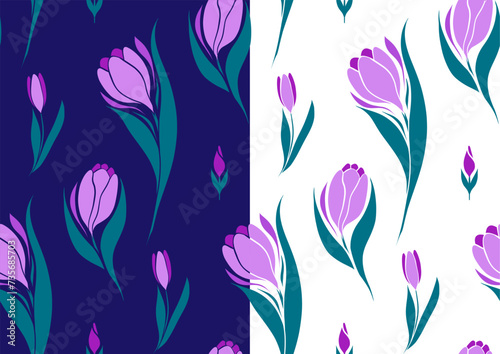 Set of vector seamless patterns with crocuses on violet and white background. Surface design with silhouette of spring flowers.