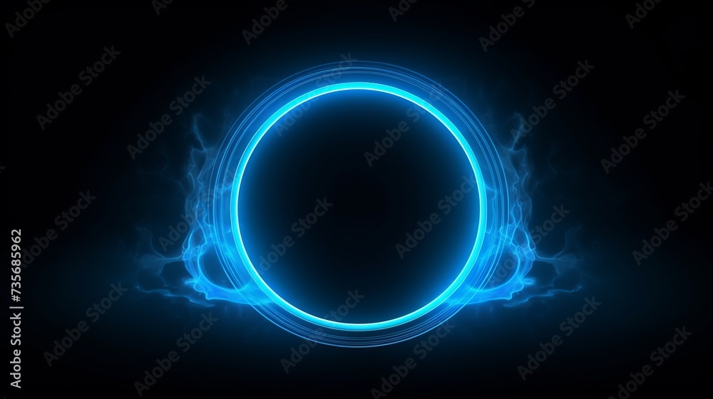 Neon blue color geometric circle on a dark background. Round mystical portal. Mockup for your logo. Futuristic smoke. Mockup for your logo Neon blue color geometric circle on a dark background. Round mystical portal. Mockup for your logo. Futuristic smoke. Mockup for your logo