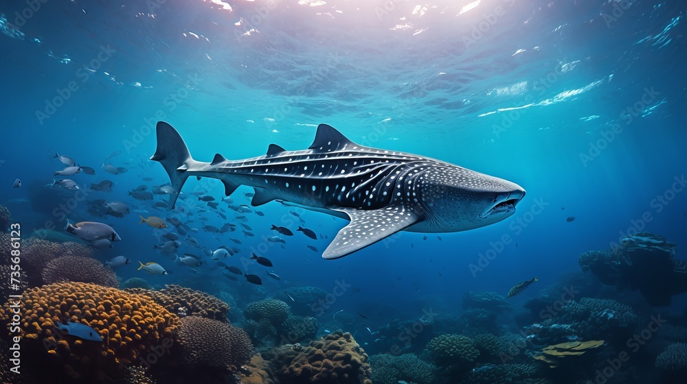Panorama background of beautiful coral reef with marine tropical fish in central pacific that Whale shark visited Panorama background of beautiful coral reef with marine tropical fish in central pacific that Whale shark visited