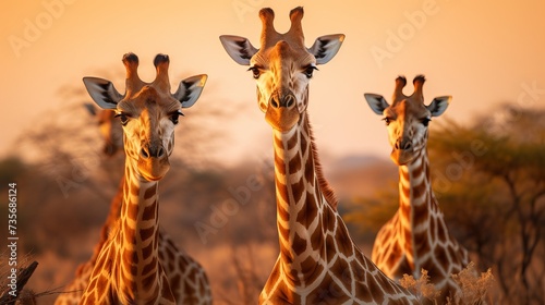 Panoramic landscape with a group of giraffes in Kalahari Desert, Namibia. Herd of giraffe pastured in savanna, wild African animals in natural habitat, safari and wilderness of the South of Africa © Elchin Abilov